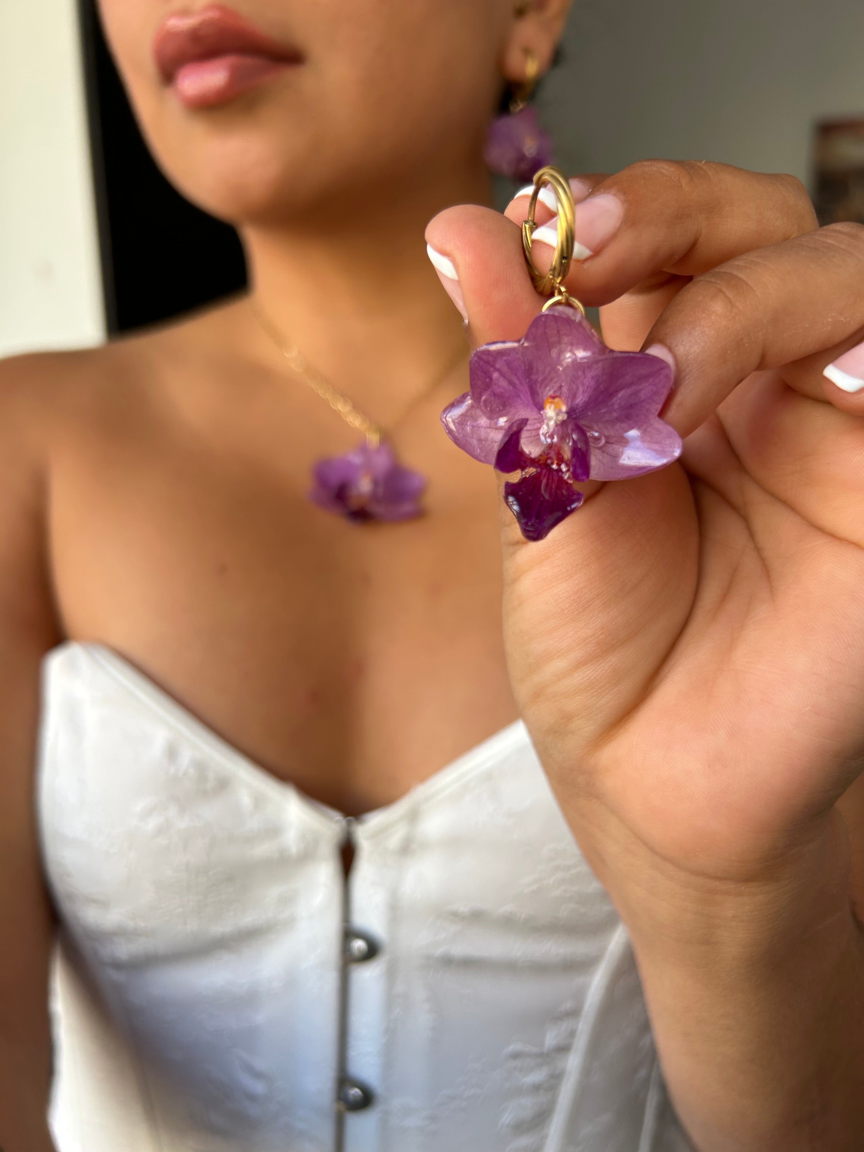 Conjunto de orquídea reales (colgante+pendientes)