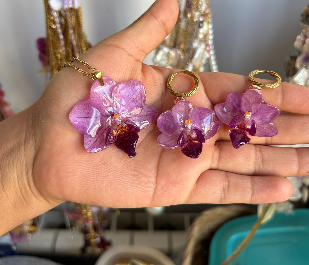 Conjunto de orquídea reales (colgante+pendientes)