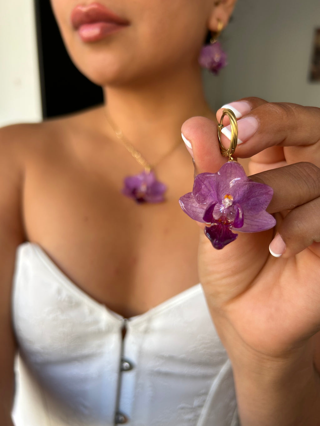 Conjunto de orquídea reales (colgante+pendientes)