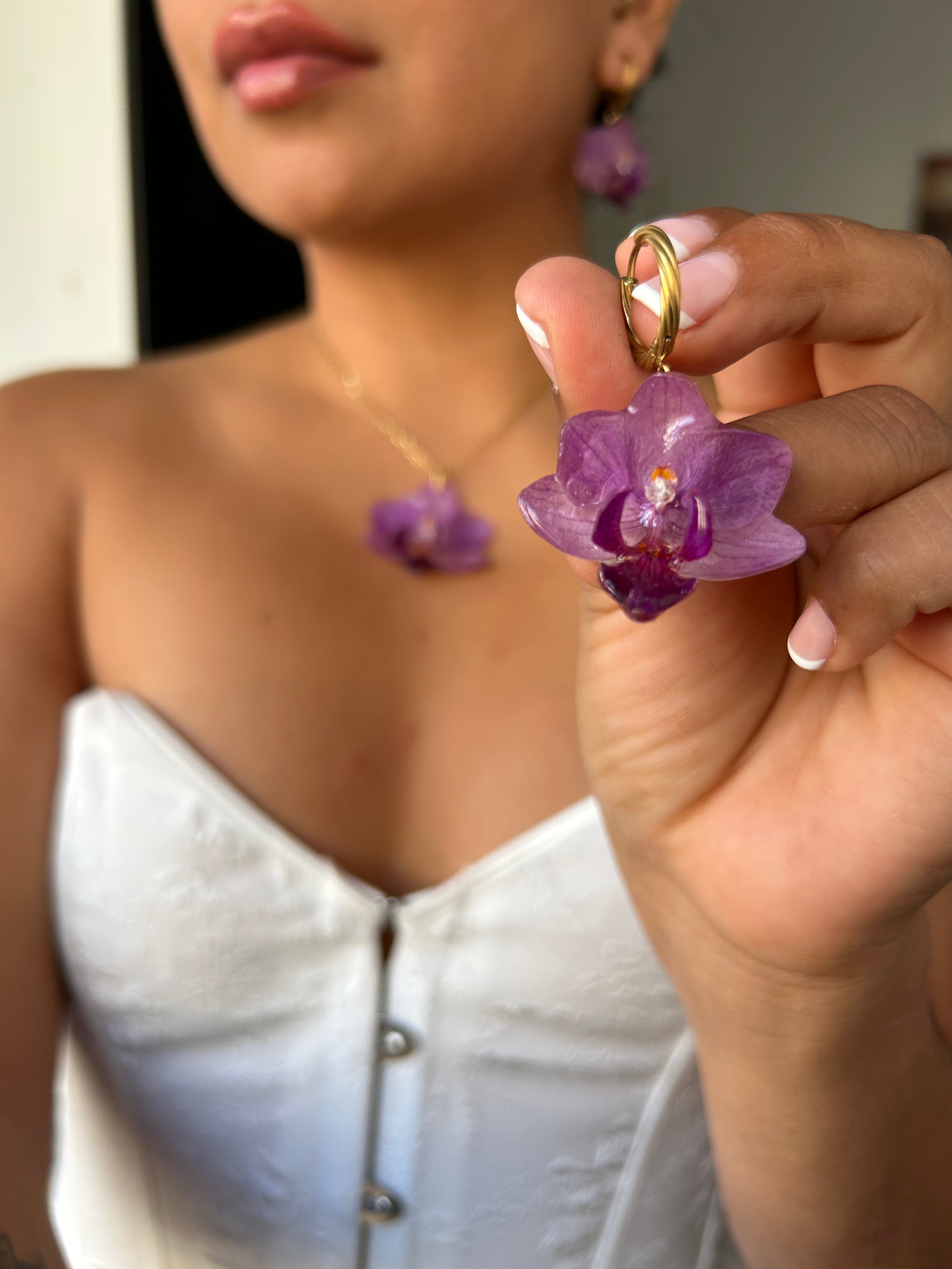 Conjunto de orquídea reales (colgante+pendientes)