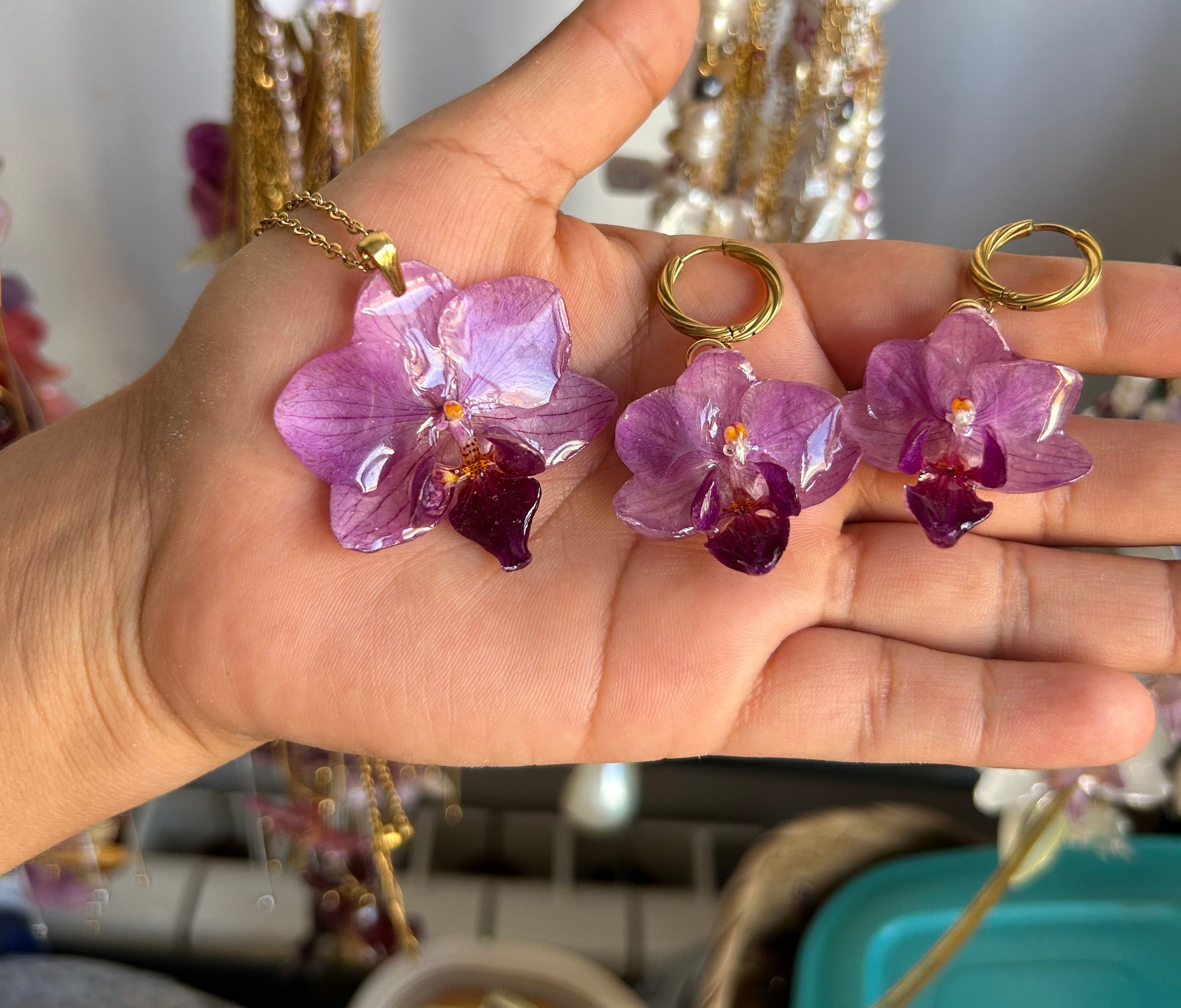Conjunto de orquídea reales (colgante+pendientes)
